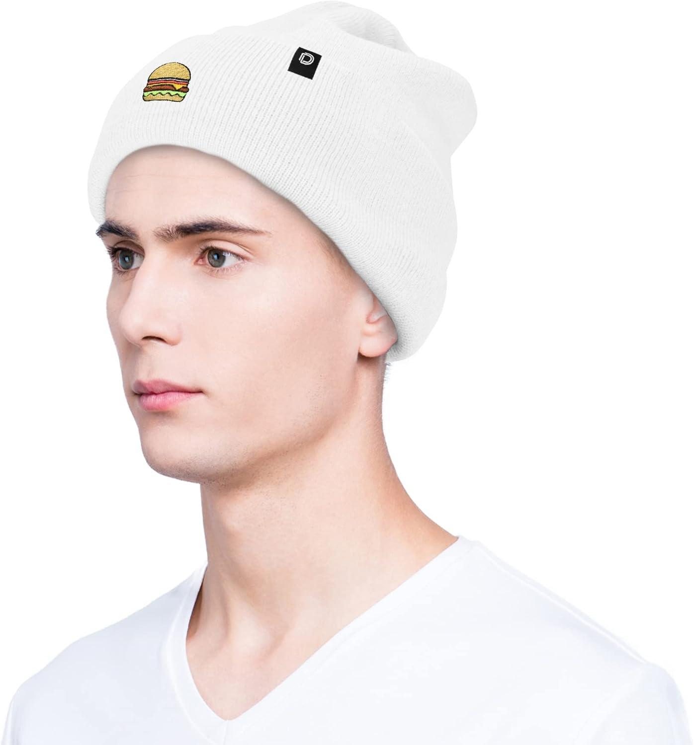 imageDALIX Embroidered Cheeseburger Beanie Cap Cuffed Knit Hat Men WomenWhite
