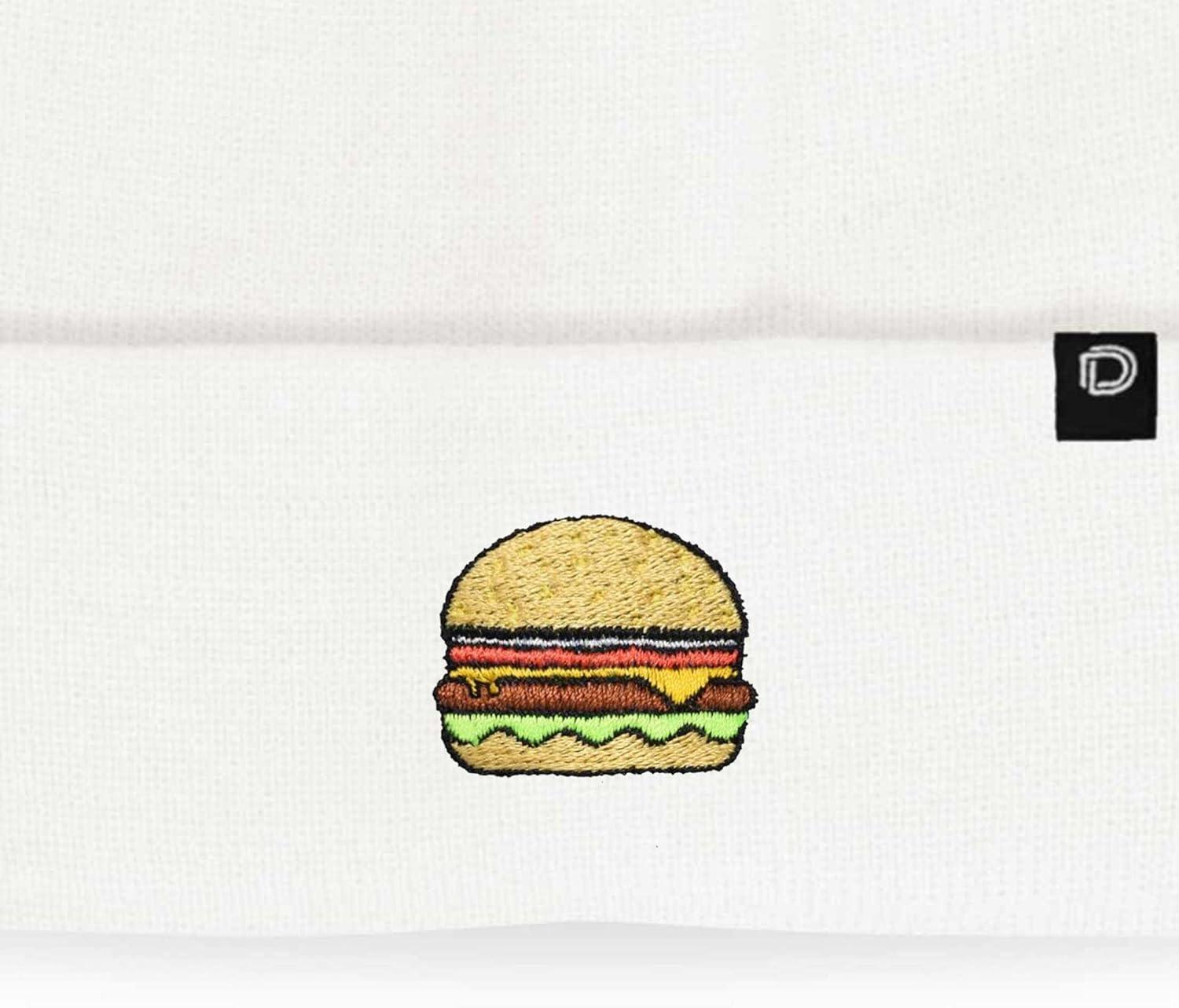 imageDALIX Embroidered Cheeseburger Beanie Cap Cuffed Knit Hat Men WomenWhite