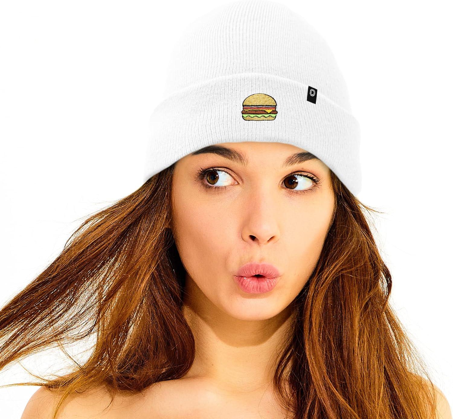 imageDALIX Embroidered Cheeseburger Beanie Cap Cuffed Knit Hat Men WomenWhite