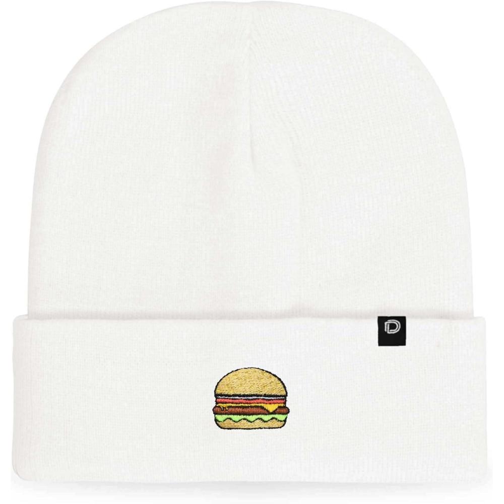 imageDALIX Embroidered Cheeseburger Beanie Cap Cuffed Knit Hat Men WomenWhite