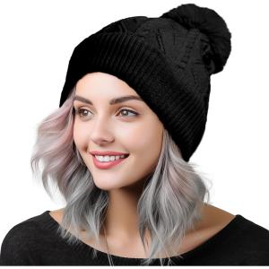 imageDALIX Cable Knit Pom Beanie Soft Stretch Skully Warm Fuzzy Faux Sherpa Winter Ski BeanieBlack