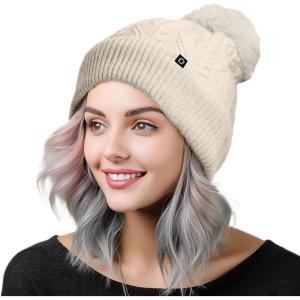 imageDALIX Cable Knit Pom Beanie Soft Stretch Skully Warm Fuzzy Faux Sherpa Winter Ski BeanieCream