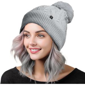 imageDALIX Cable Knit Pom Beanie Soft Stretch Skully Warm Fuzzy Faux Sherpa Winter Ski BeanieGray