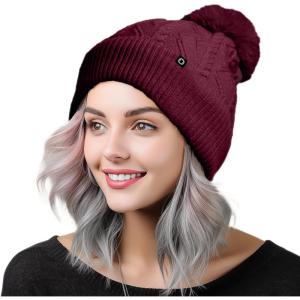 imageDALIX Cable Knit Pom Beanie Soft Stretch Skully Warm Fuzzy Faux Sherpa Winter Ski BeanieMaroon
