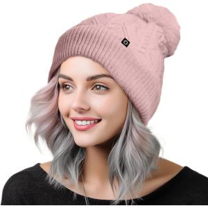 imageDALIX Cable Knit Pom Beanie Soft Stretch Skully Warm Fuzzy Faux Sherpa Winter Ski BeanieMauve
