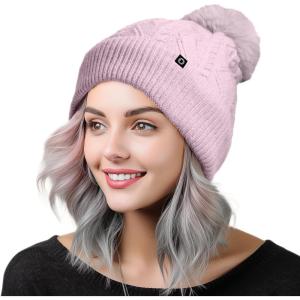 imageDALIX Cable Knit Pom Beanie Soft Stretch Skully Warm Fuzzy Faux Sherpa Winter Ski BeanieOrchid