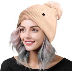 imageDALIX Cable Knit Pom Beanie Soft Stretch Skully Warm Fuzzy Faux Sherpa Winter Ski BeaniePeach
