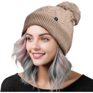imageDALIX Cable Knit Pom Beanie Soft Stretch Skully Warm Fuzzy Faux Sherpa Winter Ski BeanieTan