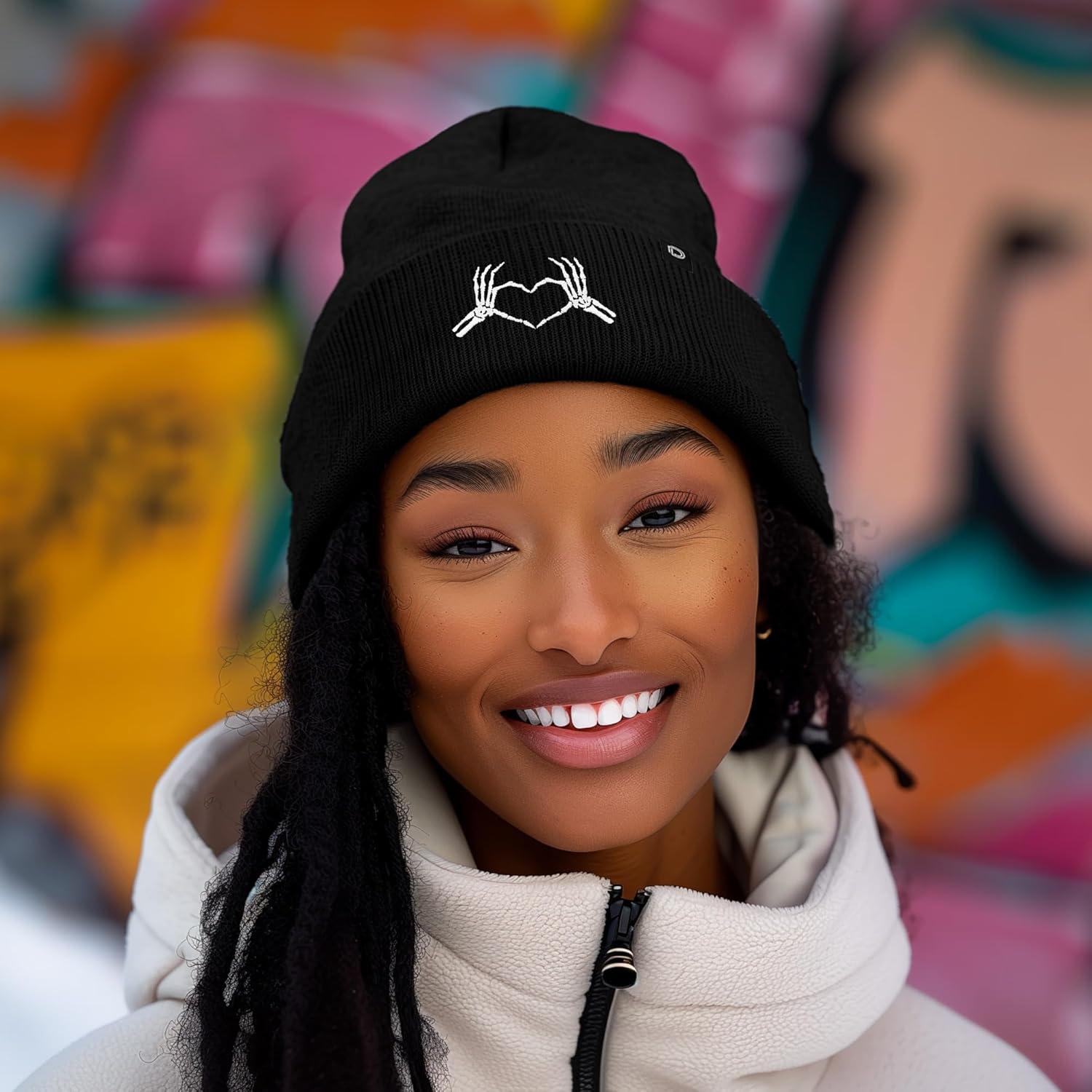 imageDALIX Heart of Bones Embroidered Beanie Hat Knit Cap Cold Weather WomensBlack
