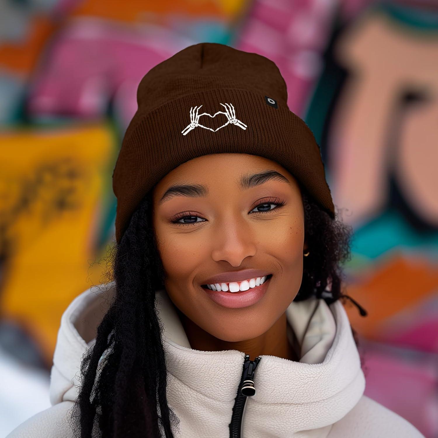 imageDALIX Heart of Bones Embroidered Beanie Hat Knit Cap Cold Weather WomensBrown