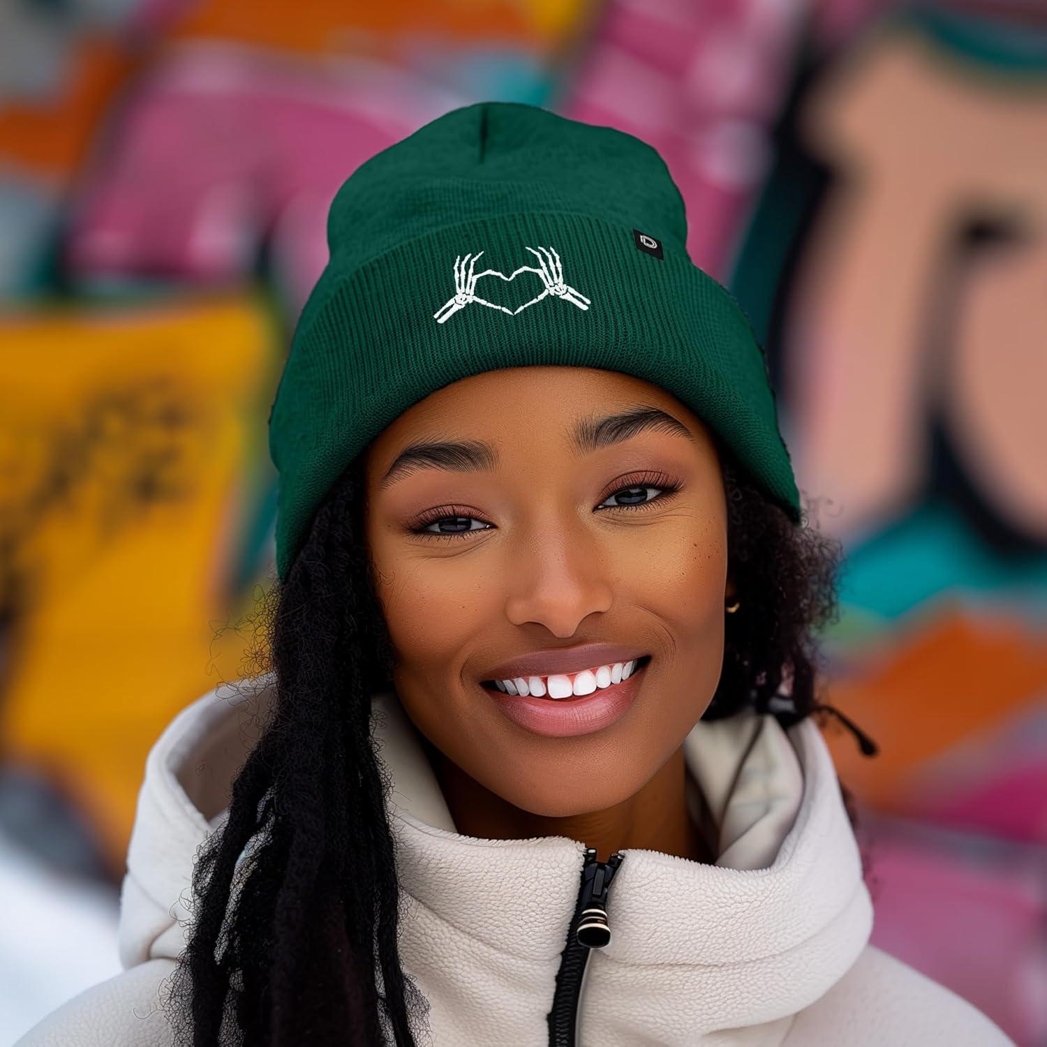 imageDALIX Heart of Bones Embroidered Beanie Hat Knit Cap Cold Weather WomensGreen