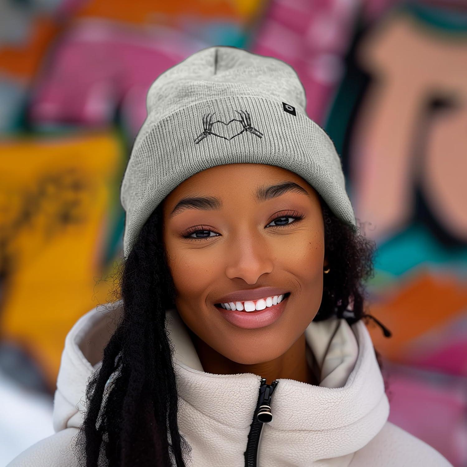 imageDALIX Heart of Bones Embroidered Beanie Hat Knit Cap Cold Weather WomensLight Gray