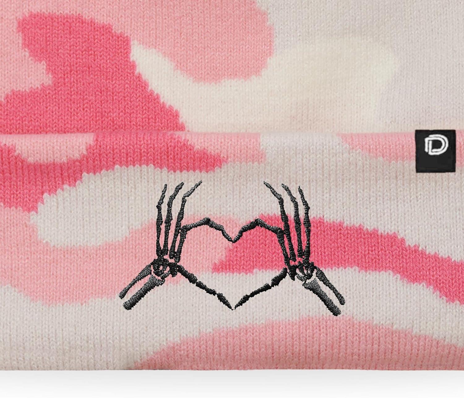 imageDALIX Heart of Bones Embroidered Beanie Hat Knit Cap Cold Weather WomensPink Camo