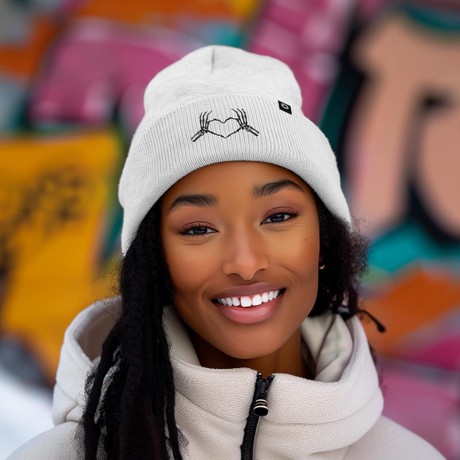 imageDALIX Heart of Bones Embroidered Beanie Hat Knit Cap Cold Weather WomensWhite