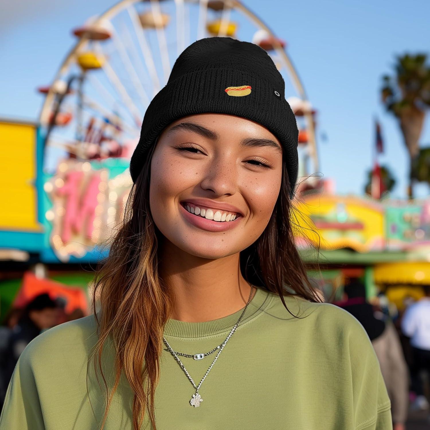 imageDALIX Hot Dog Embroidered Beanie Hat Cotton Cute Winter Fall Cap WomensBlack