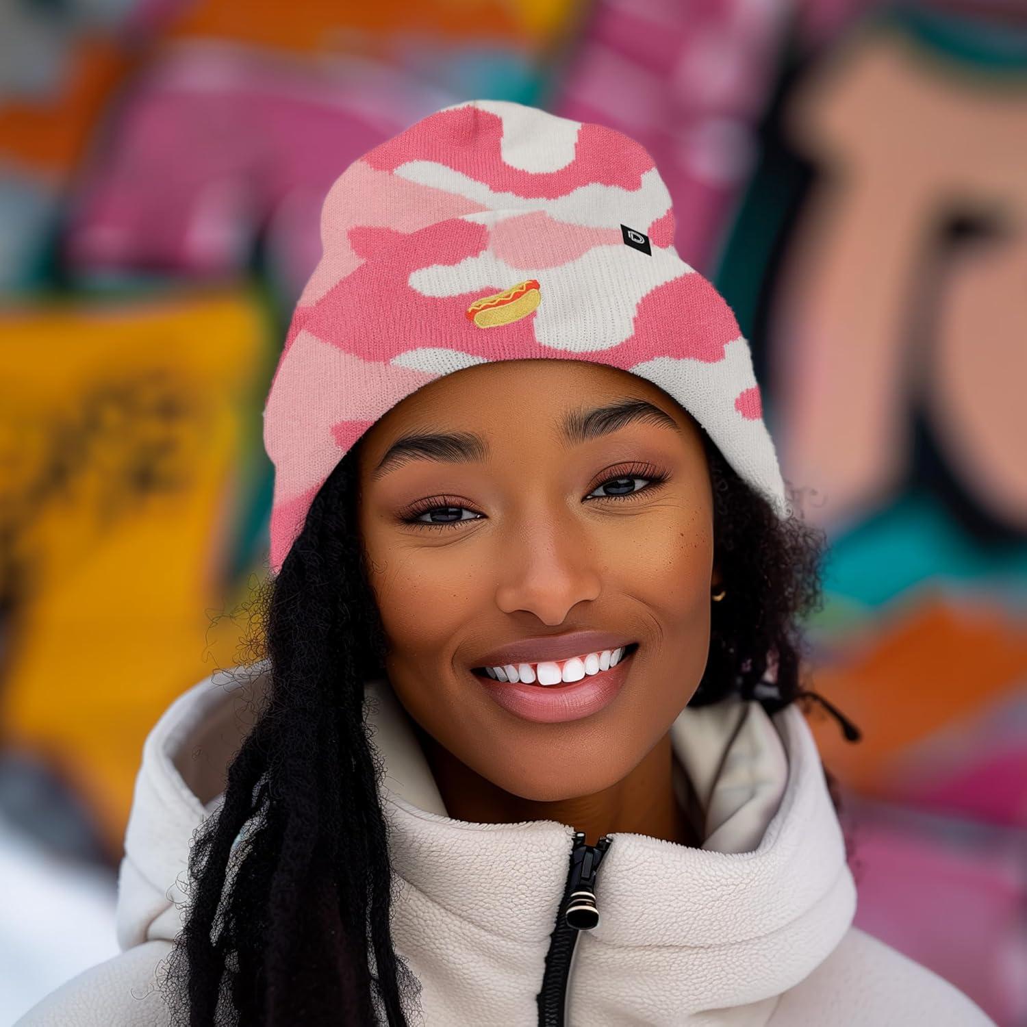 imageDALIX Hot Dog Embroidered Beanie Hat Cotton Cute Winter Fall Cap WomensPink Camo
