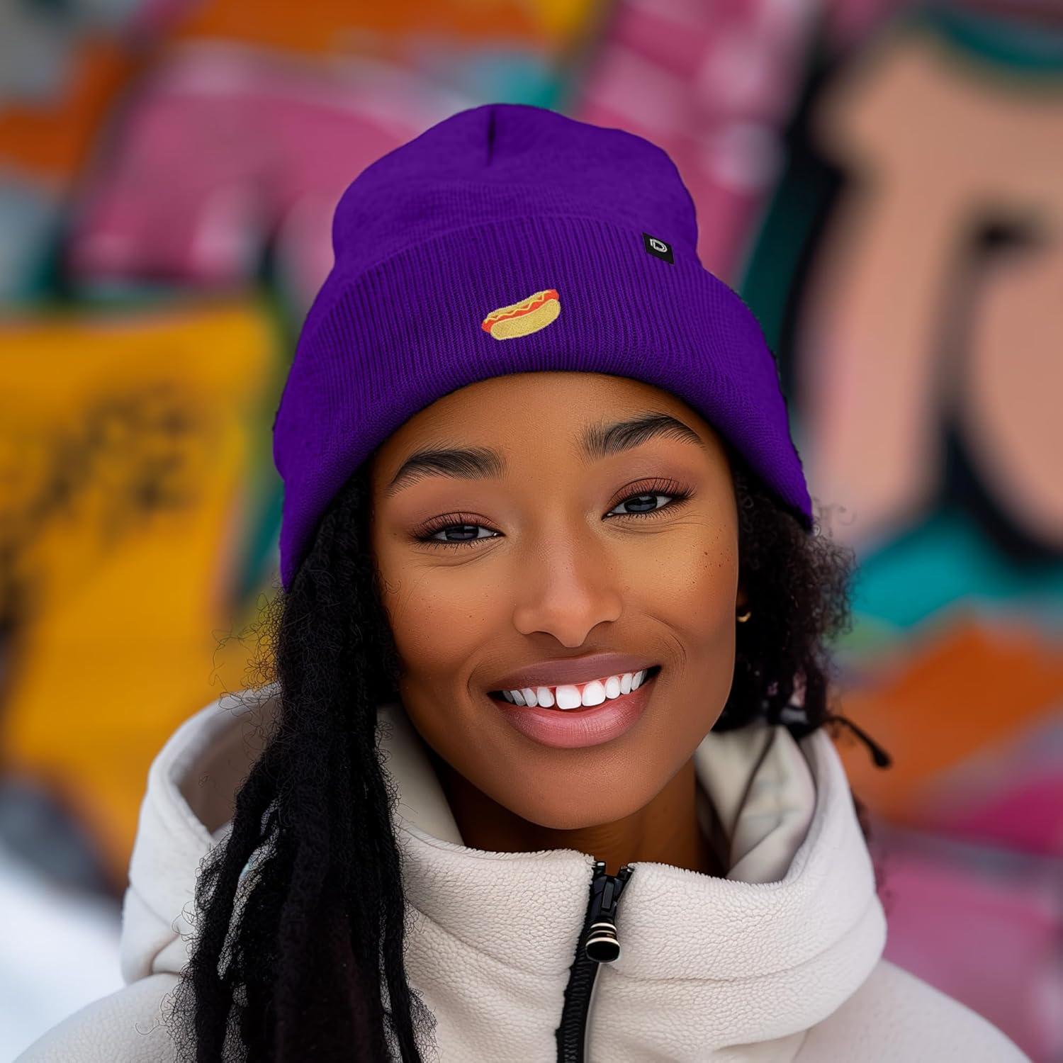 imageDALIX Hot Dog Embroidered Beanie Hat Cotton Cute Winter Fall Cap WomensPurple
