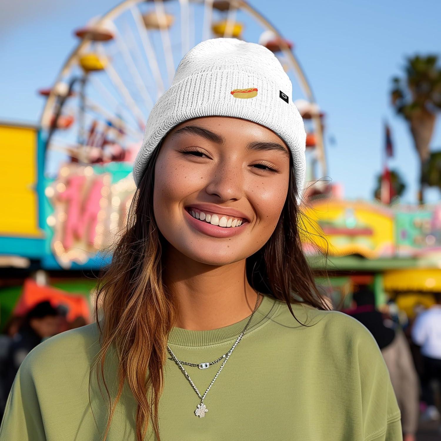 imageDALIX Hot Dog Embroidered Beanie Hat Cotton Cute Winter Fall Cap WomensWhite