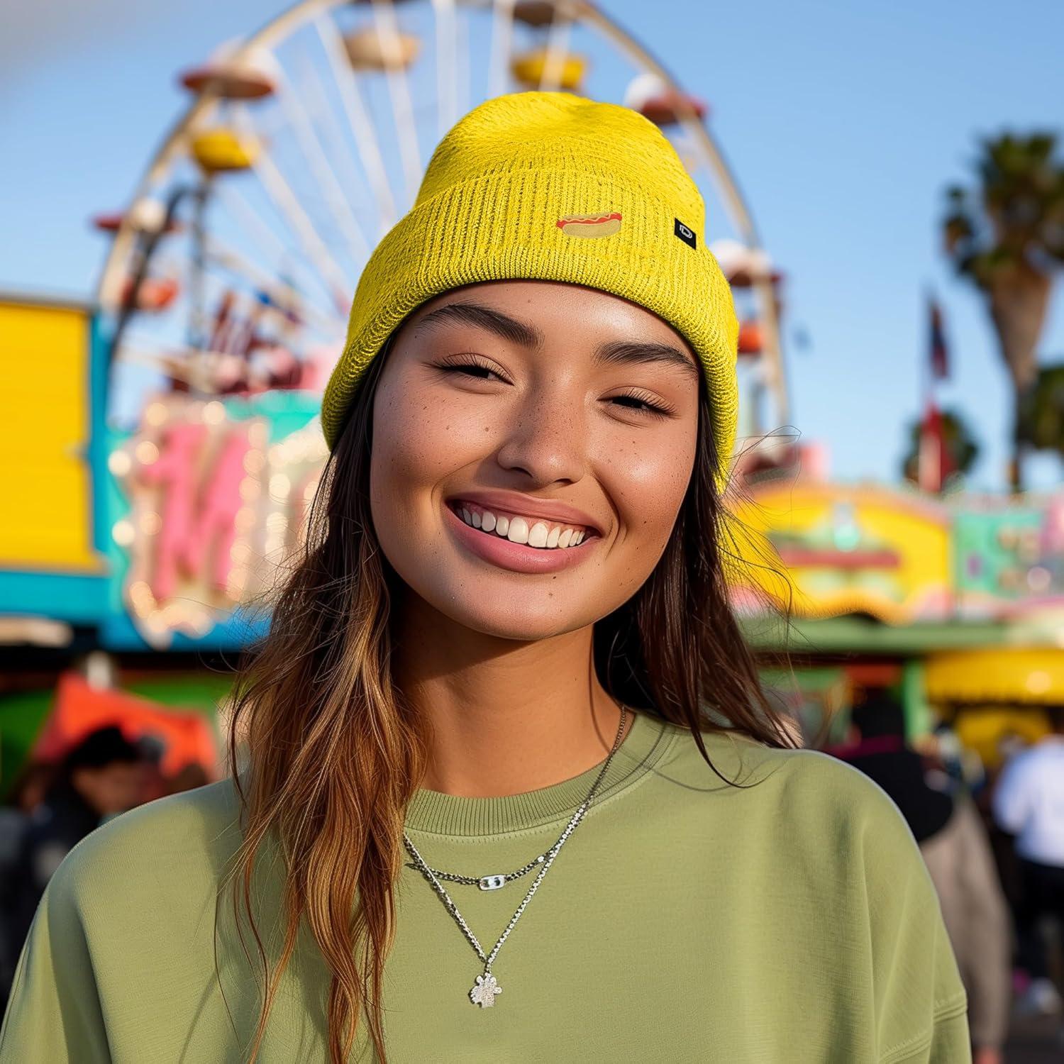 imageDALIX Hot Dog Embroidered Beanie Hat Cotton Cute Winter Fall Cap WomensYellow