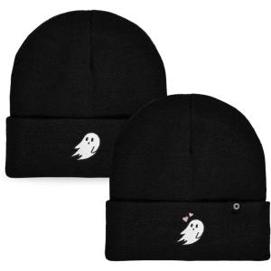 imageDALIX Embroidered Ghost Beanie Cap Set Cuffed Knit Hat Women Men Black