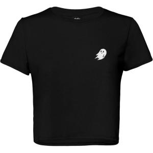 imageDALIX Ghost Embroidered Cropped Flowy Soft Cotton Short Sleeve T Shirt WomensBlack
