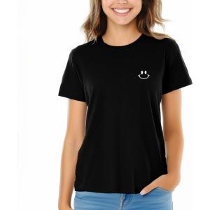 imageDALIX Smile Face Embroidered Soft Cotton Short Sleeve T Shirt WomensBlack