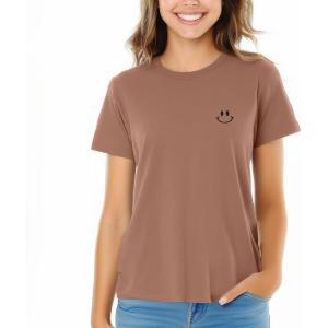 imageDALIX Smile Face Embroidered Soft Cotton Short Sleeve T Shirt WomensChestnut