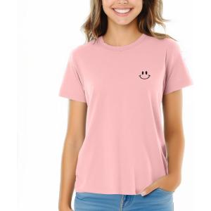 imageDALIX Smile Face Embroidered Soft Cotton Short Sleeve T Shirt WomensPink