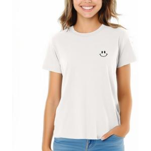 imageDALIX Smile Face Embroidered Soft Cotton Short Sleeve T Shirt WomensVintage White