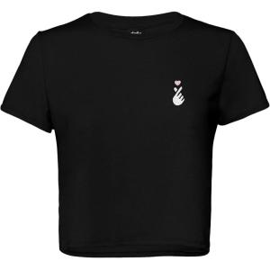 imageDALIX Snap Heart Embroidered Cropped Flowy Soft Cotton Short Sleeve T Shirt WomensBlack