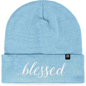 imageDALIX Embroidered Blessed Beanie Cap Cuffed Knit Hat WomenBaby Blue
