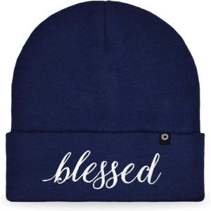 imageDALIX Embroidered Blessed Beanie Cap Cuffed Knit Hat WomenNavy Blue