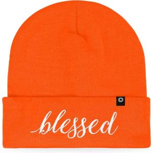 imageDALIX Embroidered Blessed Beanie Cap Cuffed Knit Hat WomenNeon Orange