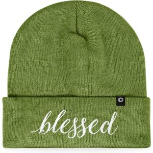 imageDALIX Embroidered Blessed Beanie Cap Cuffed Knit Hat WomenOlive