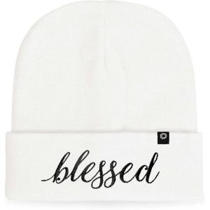 imageDALIX Embroidered Blessed Beanie Cap Cuffed Knit Hat WomenWhite