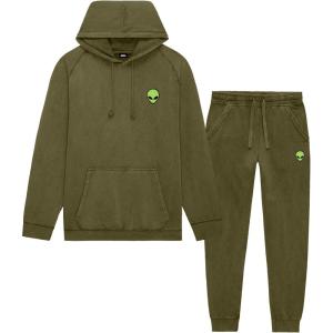 imageDALIX Alien Embroidery Washed Sweatsuit Set Hoodie Jogger Soft Fleece Relaxed Fit Lounge MensOlive