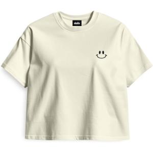imageDALIX Smile Face Boxy Short Sleeve Tee Relaxed Summer Cotton Garment Dyed WomensIvory