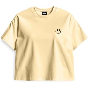 imageDALIX Smile Face Boxy Short Sleeve Tee Relaxed Summer Cotton Garment Dyed WomensYellow