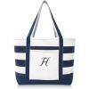 imageDALIX Premium Beach Bags Striped Navy Blue Zippered Tote Bag Monogrammed A  ZH