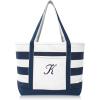 imageDALIX Premium Beach Bags Striped Navy Blue Zippered Tote Bag Monogrammed A  ZK