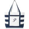 imageDALIX Premium Beach Bags Striped Navy Blue Zippered Tote Bag Monogrammed A  ZP