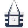 imageDALIX Premium Beach Bags Striped Navy Blue Zippered Tote Bag Monogrammed A  ZX
