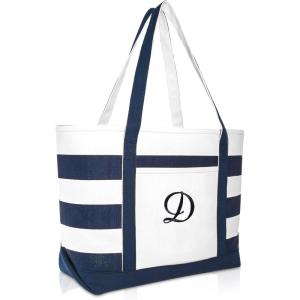 imageDALIX Premium Beach Bags Striped Navy Blue Zippered Tote Bag Monogrammed A  ZD