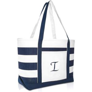 imageDALIX Premium Beach Bags Striped Navy Blue Zippered Tote Bag Monogrammed A  ZI