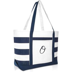 imageDALIX Premium Beach Bags Striped Navy Blue Zippered Tote Bag Monogrammed A  ZO