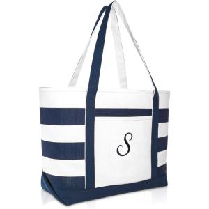 imageDALIX Premium Beach Bags Striped Navy Blue Zippered Tote Bag Monogrammed A  ZS