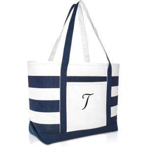 imageDALIX Premium Beach Bags Striped Navy Blue Zippered Tote Bag Monogrammed A  ZT