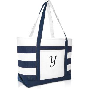 imageDALIX Premium Beach Bags Striped Navy Blue Zippered Tote Bag Monogrammed A  ZY