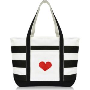 imageLove Big Heart Womens Embroidered Striped Tote Bag Premium CottonBlack