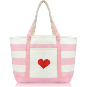 imageLove Big Heart Womens Embroidered Striped Tote Bag Premium CottonPink